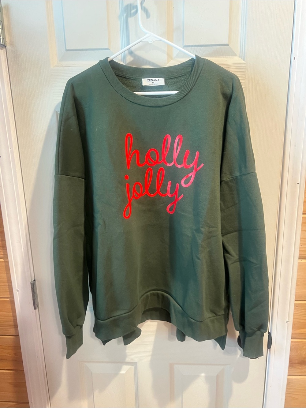 Zenana Outfitters Green Crewneck Sweater with Red Script